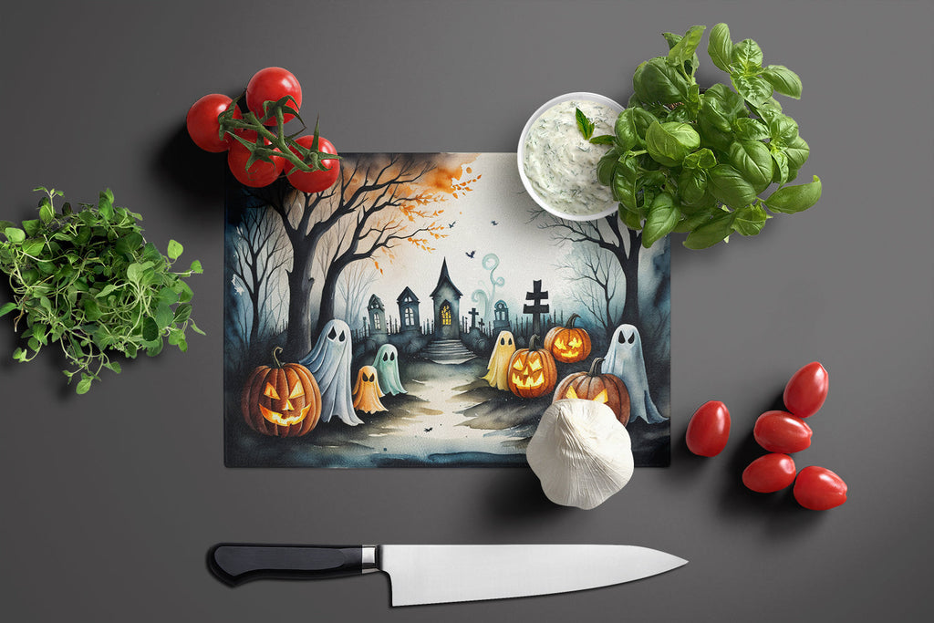 Ghosts Spooky Halloween Cutting Board Tempered Glass Kitchen Cutting Surface, Heat Resistant Chopping, Non-Slip Feet, Food Prep & Serving