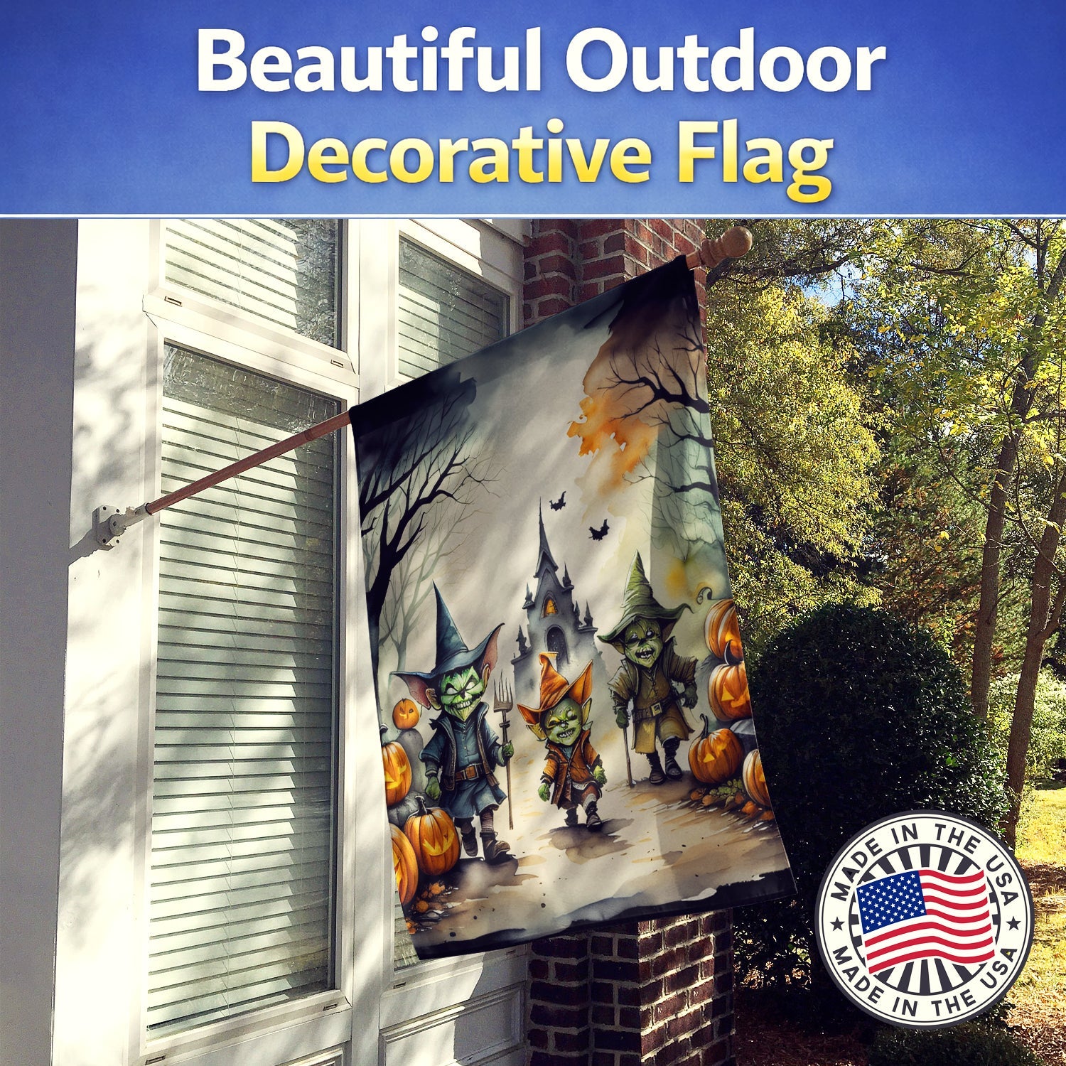 Goblins Spooky Halloween House Flag 28x40 Porch Sleeve Pole Decorative Outside Yard Banner Artwork Wall Hanging, Polyester