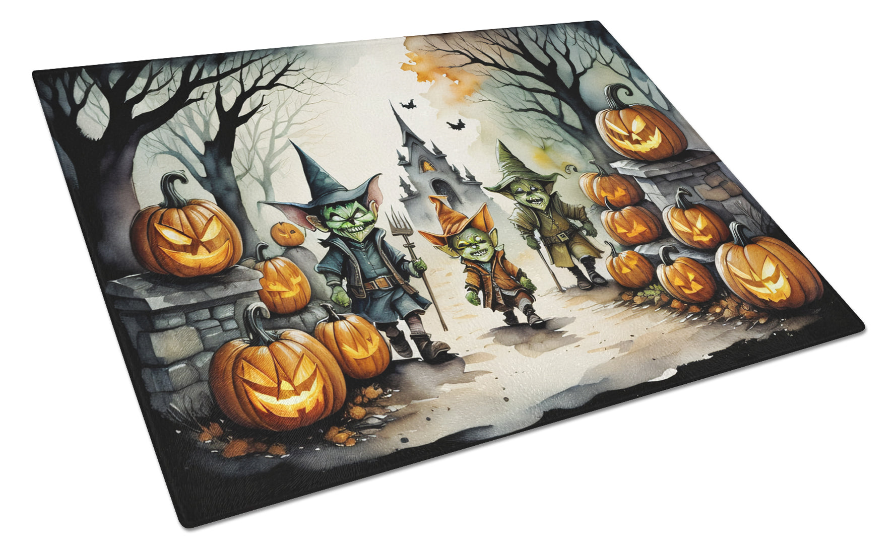 Goblins Spooky Halloween Cutting Board Tempered Glass Kitchen Cutting Surface, Heat Resistant Chopping, Non-Slip Feet, Food Prep & Serving