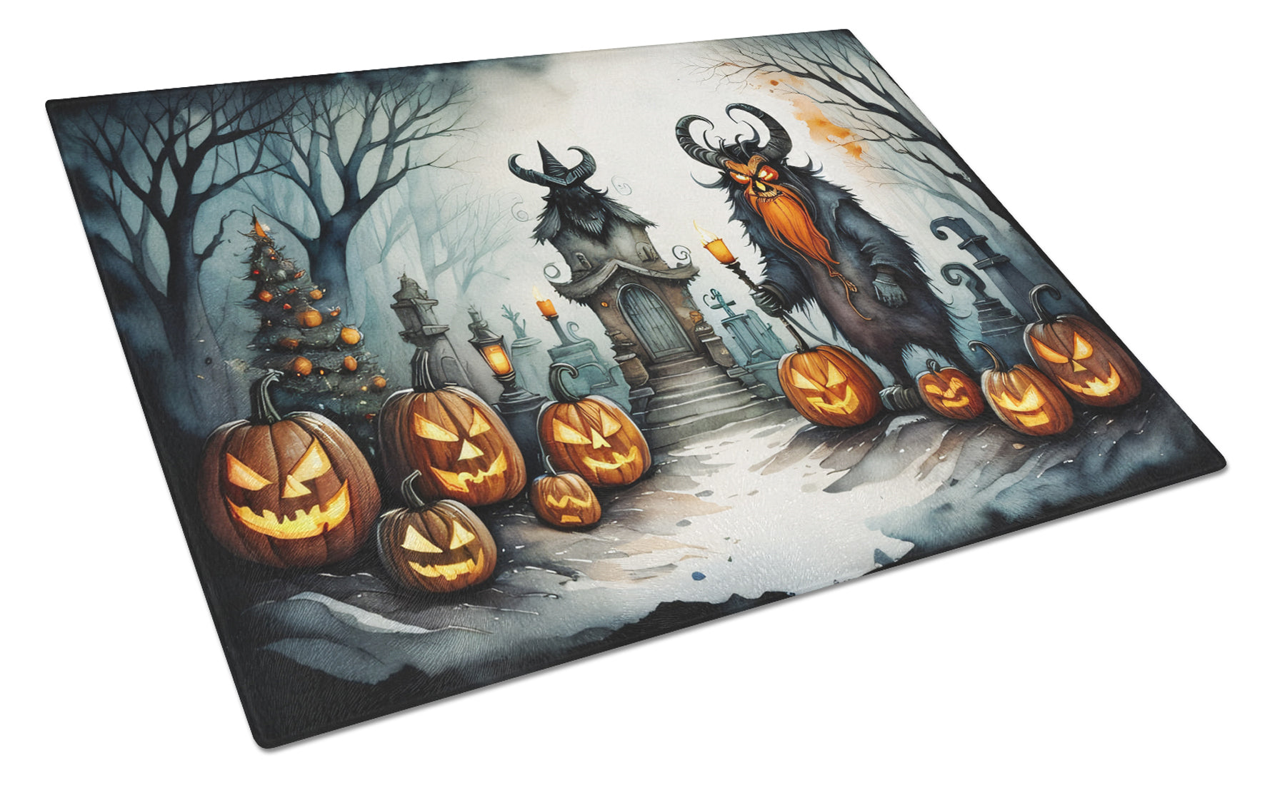 Krampus The Christmas Demon Spooky Halloween Cutting Board Tempered Glass Kitchen Cutting Surface, Heat Resistant Chopping, Non-Slip Feet, Food Prep & Serving