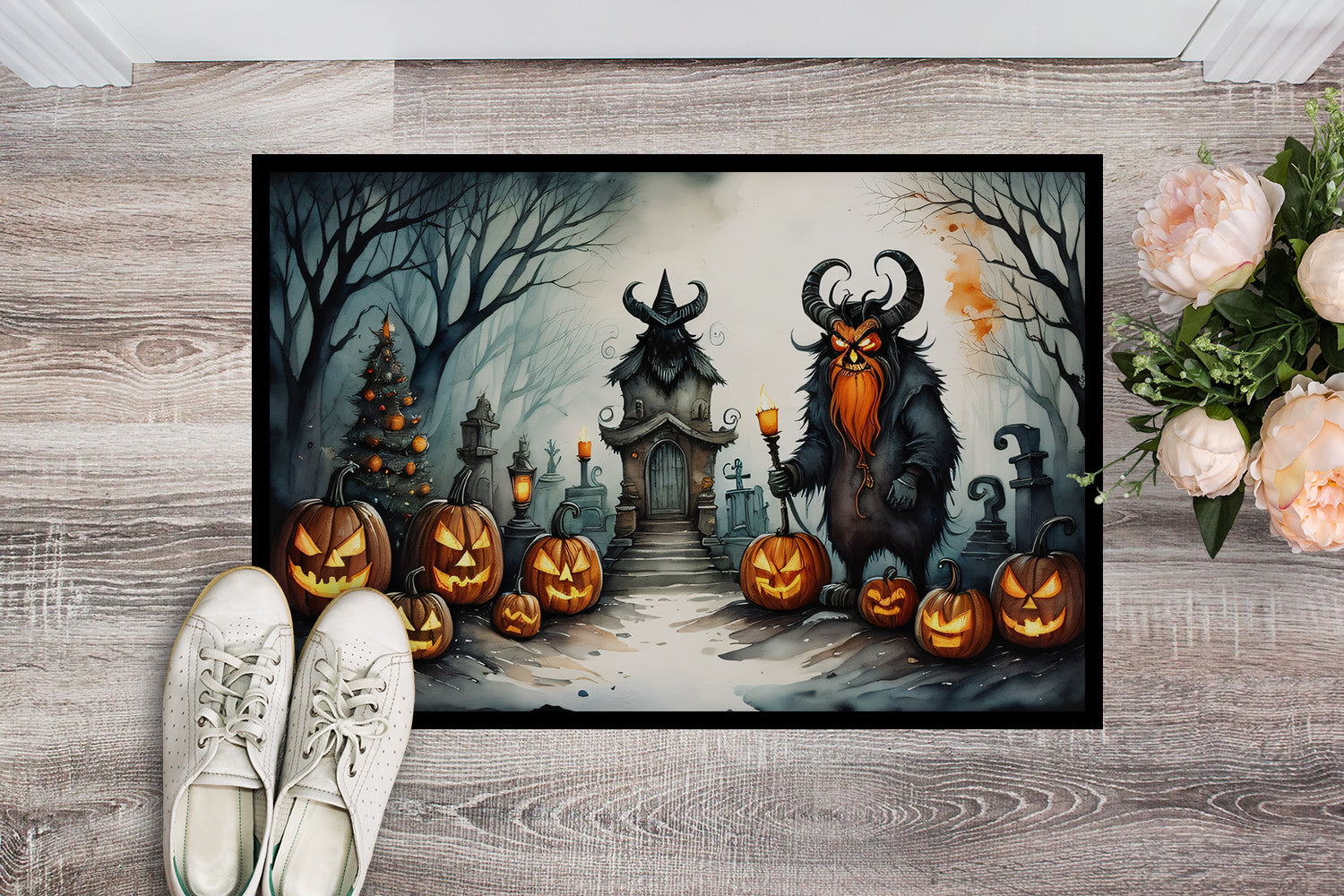Krampus The Christmas Demon Spooky Halloween Doormat Indoor Outdoor 18H X 27W Front Door Mat Rugs for Entryway, Non Slip Washable