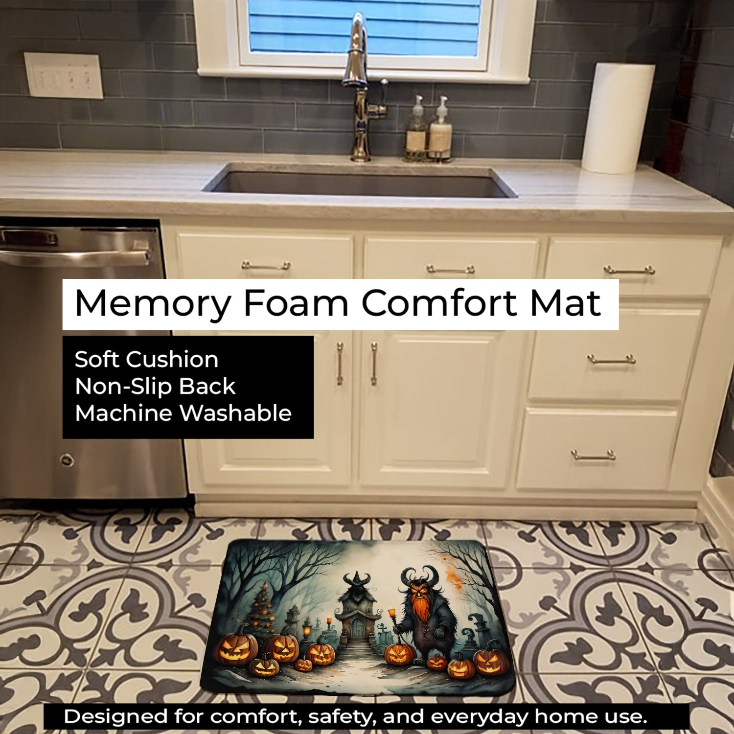 Krampus The Christmas Demon Spooky Halloween Memory Foam Kitchen Mat Machine Washable Anti-Fatigue Cushion Comfort Bath or Kitchen Rug