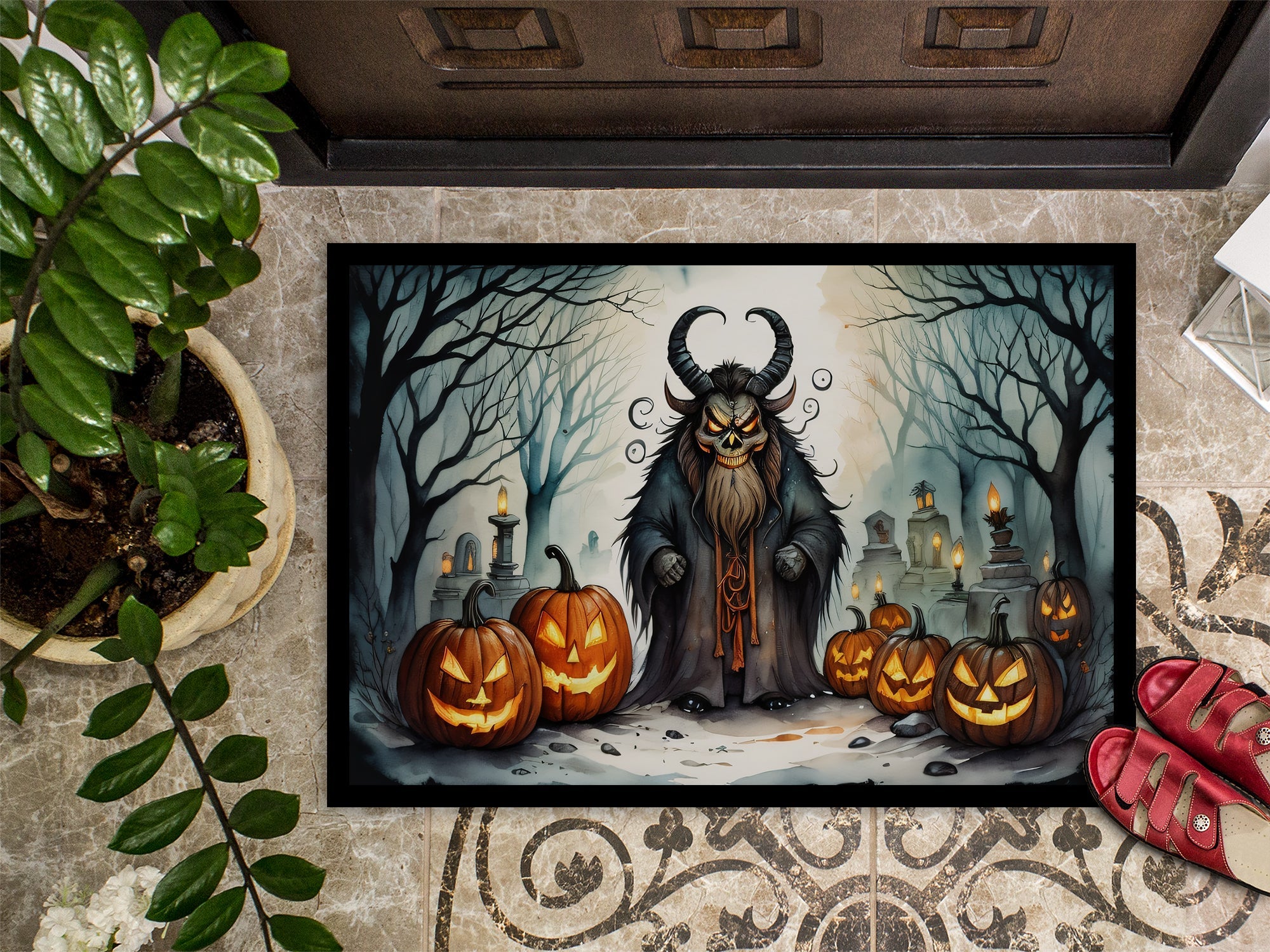 Krampus The Christmas Demon Spooky Halloween Doormat Indoor Outdoor 18H X 27W Front Door Mat Rugs for Entryway, Non Slip Washable