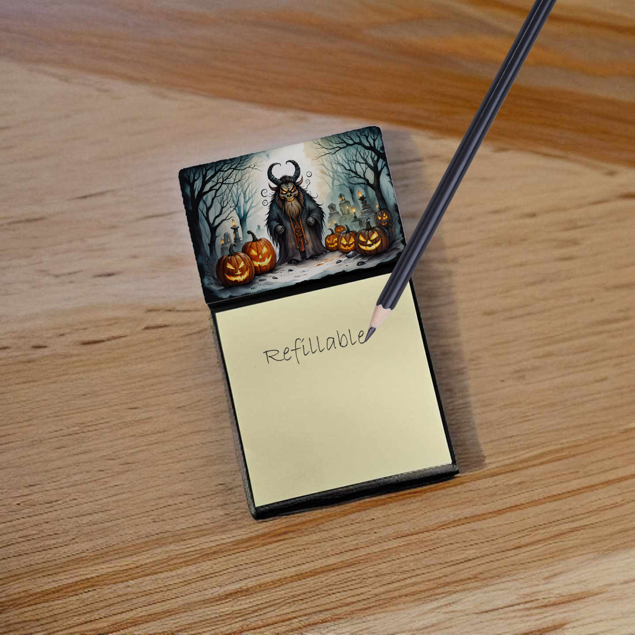 Krampus The Christmas Demon Spooky Halloween Watercolor Sticky Note Holder Refillable Dispenser Desk Accessory 3x3 Pad Gift