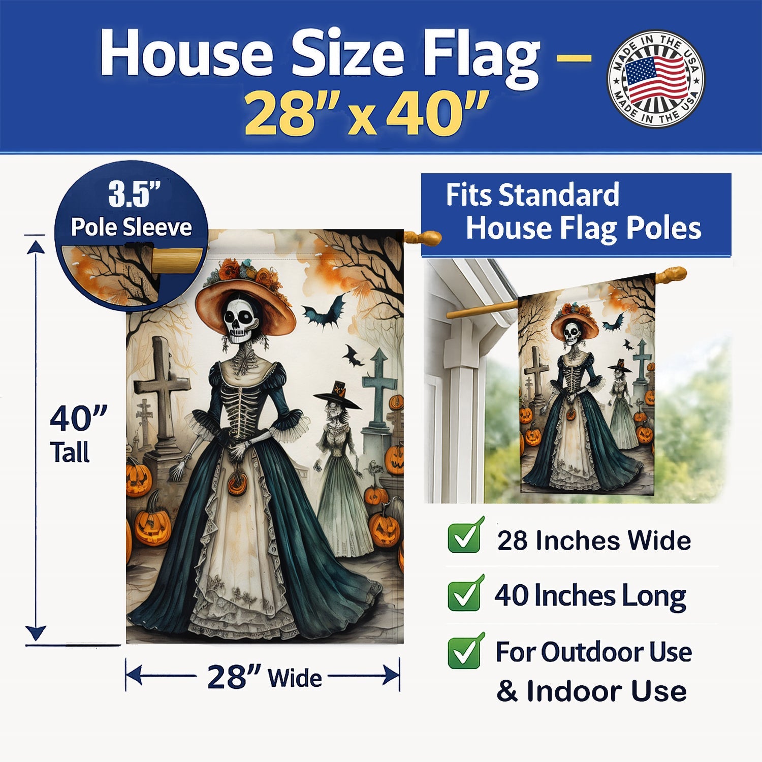 La Catrina Skeleton Spooky Halloween House Flag 28x40 Porch Sleeve Pole Decorative Outside Yard Banner Artwork Wall Hanging, Polyester