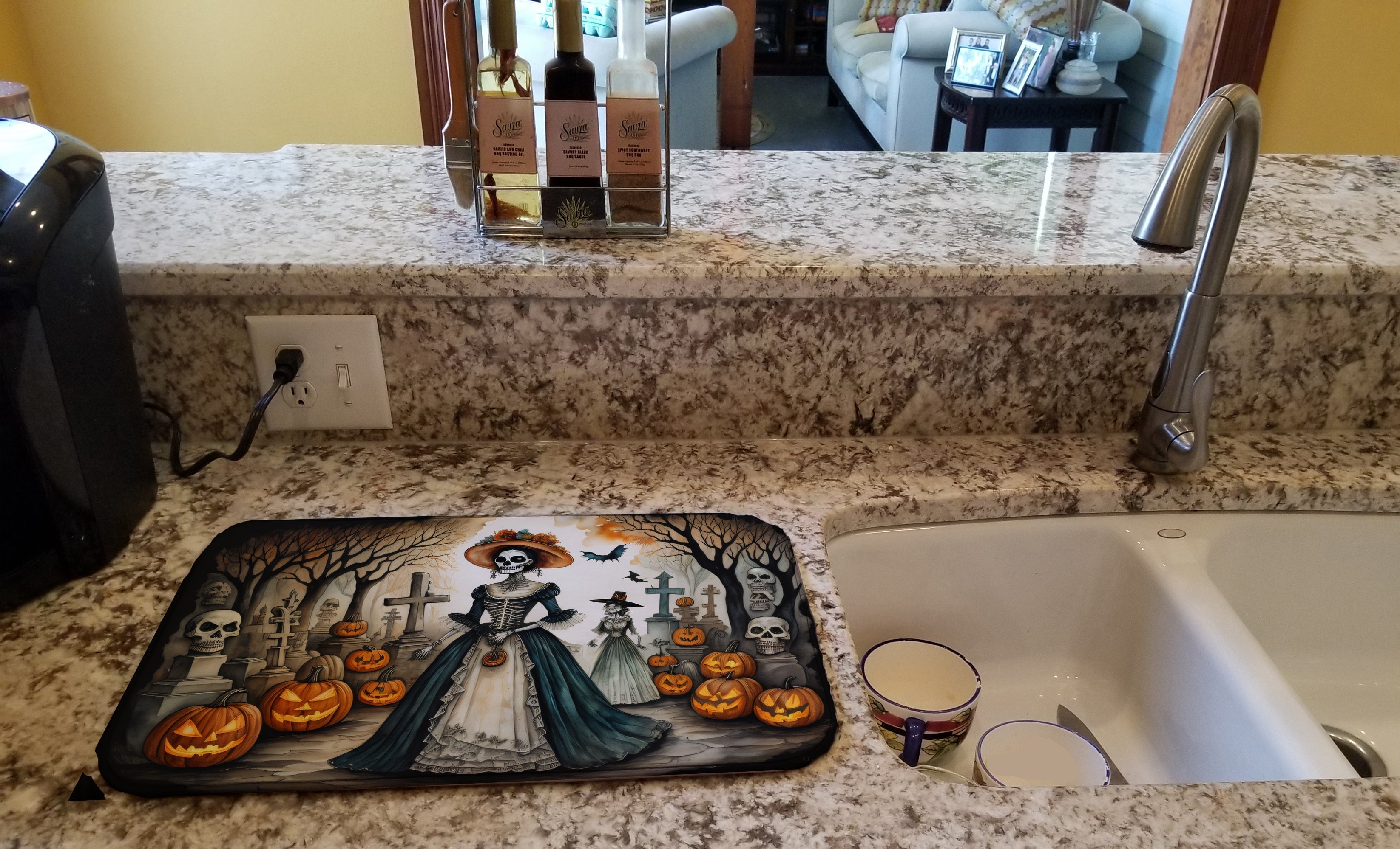La Catrina Skeleton Spooky Halloween Dish Drying Mat Absorbent Dish Drying Mat Pad for Kitchen Counter Dish Drainer Mat for Countertop, 14 x 21", Multicolor