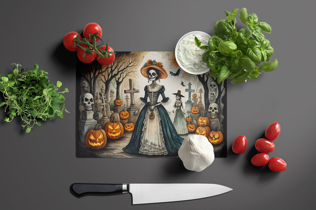 La Catrina Skeleton Spooky Halloween Cutting Board Tempered Glass Kitchen Cutting Surface, Heat Resistant Chopping, Non-Slip Feet, Food Prep & Serving