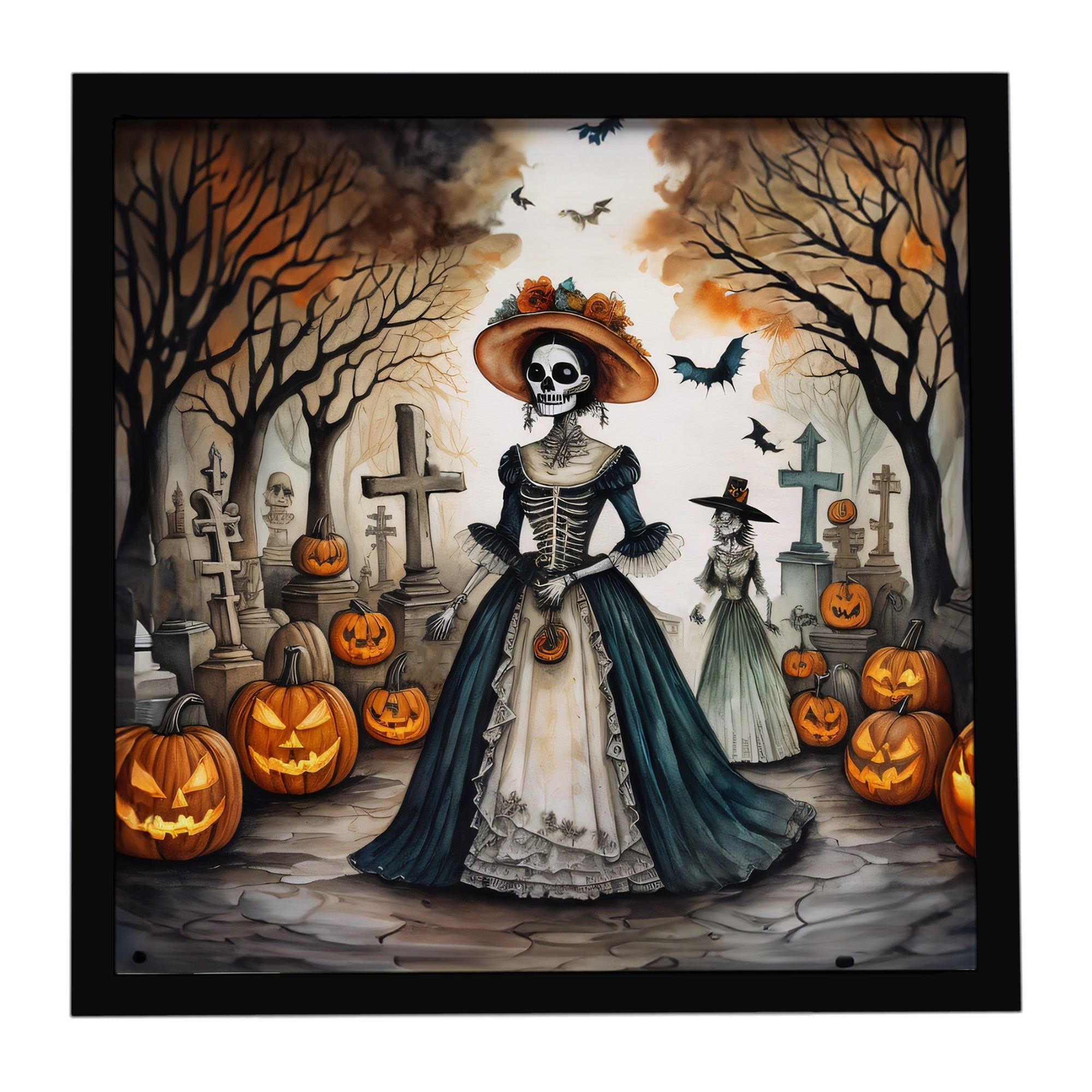 La Catrina Skeleton Spooky Halloween Framed Metal Print Bathroom, Kitchen, Office, Home Decor Wall Art Ready to Hang, Square, 8X8