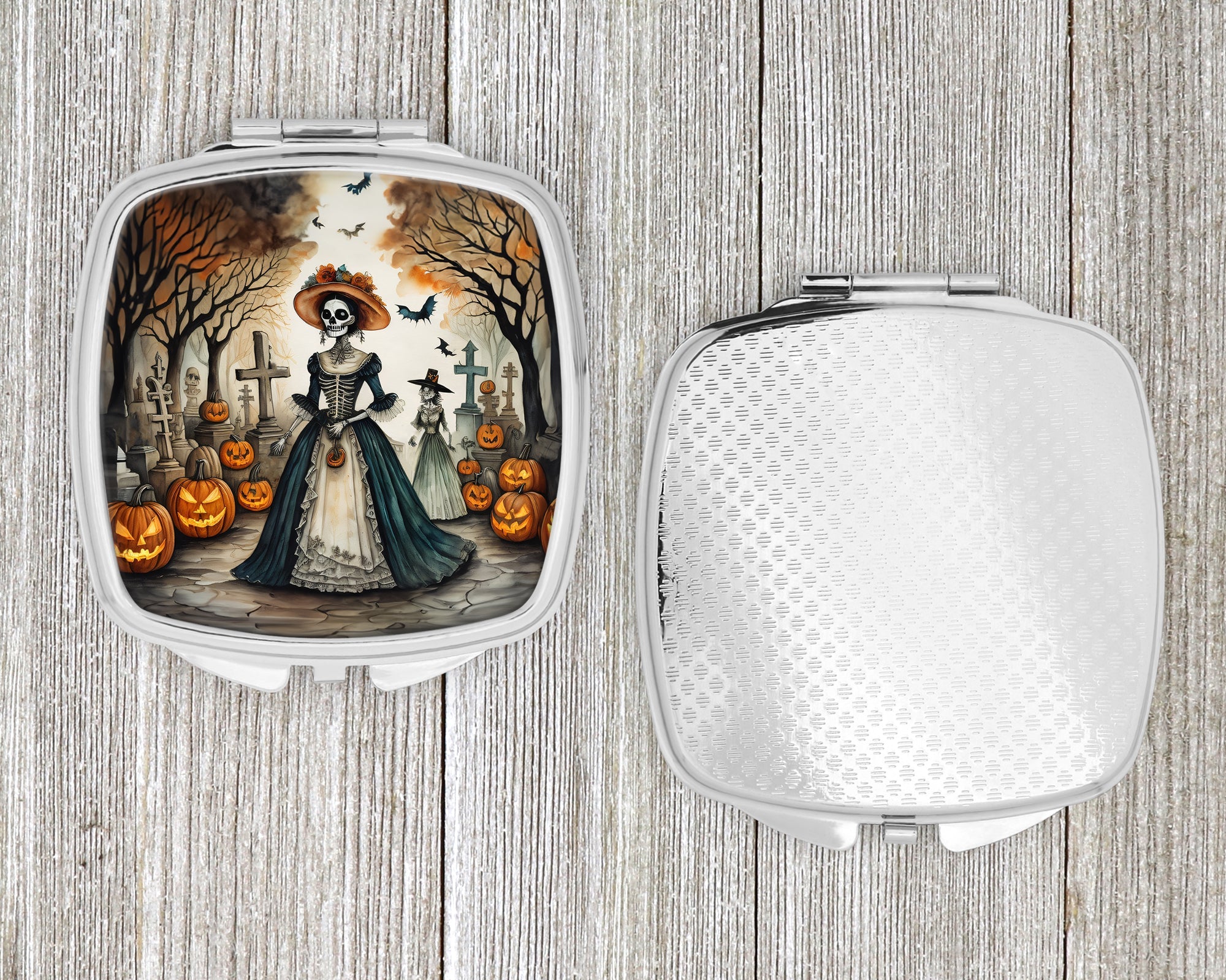 La Catrina Skeleton Spooky Halloween Compact Mirror Decorative Travel Makeup Mirror for Women Girls Gifts Pocket Makeup Mirror Folding Handheld