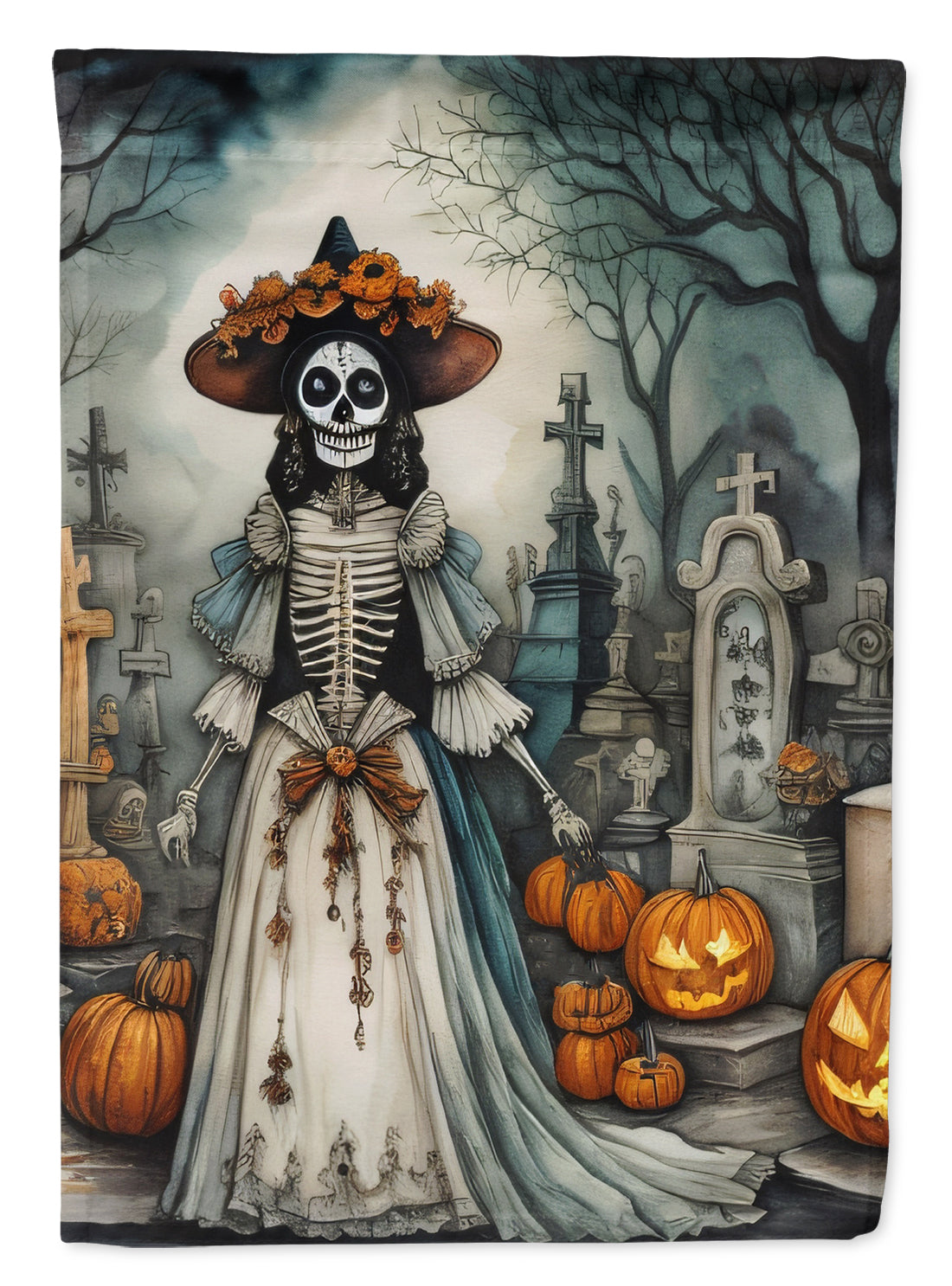 La Catrina Skeleton Spooky Halloween House Flag 28x40 Porch Sleeve Pole Decorative Outside Yard Banner Artwork Wall Hanging, Polyester