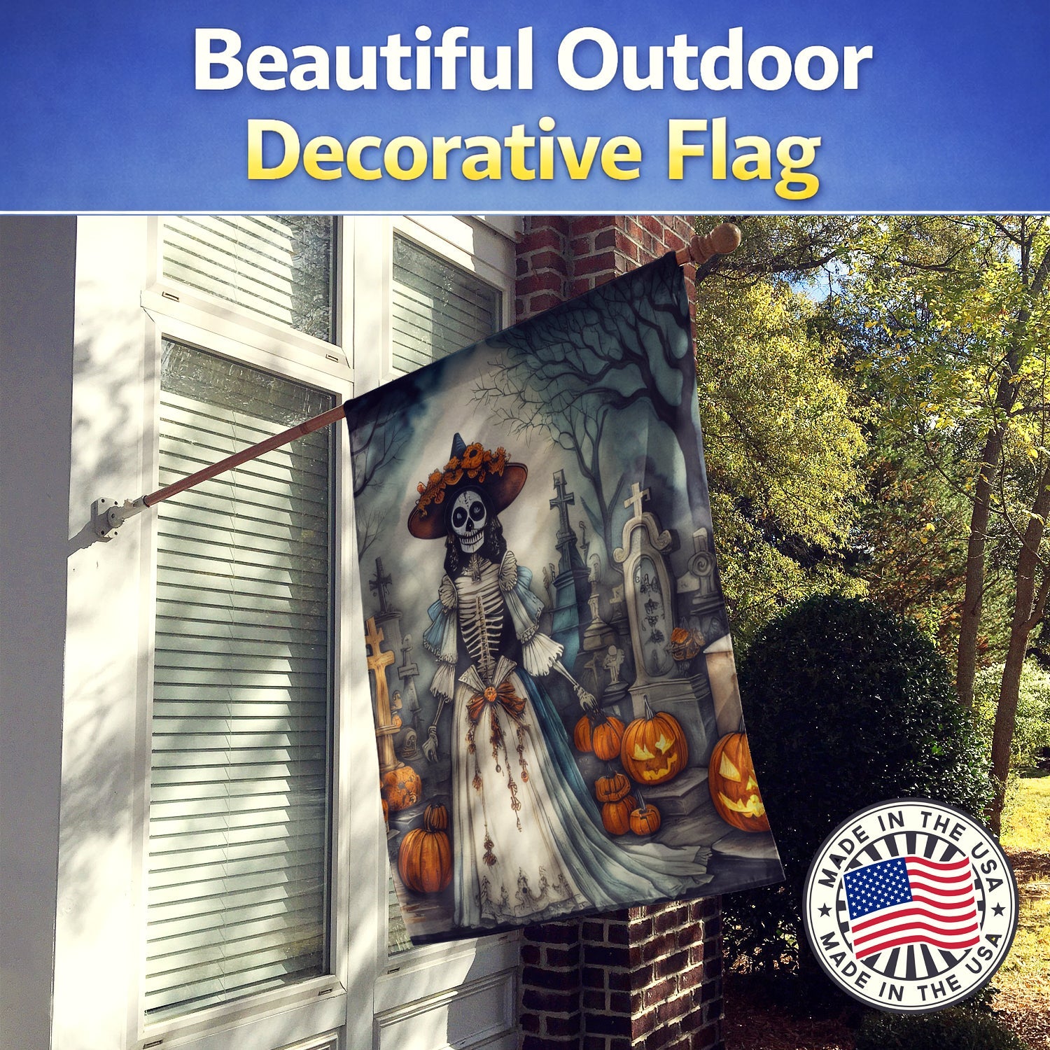 La Catrina Skeleton Spooky Halloween House Flag 28x40 Porch Sleeve Pole Decorative Outside Yard Banner Artwork Wall Hanging, Polyester