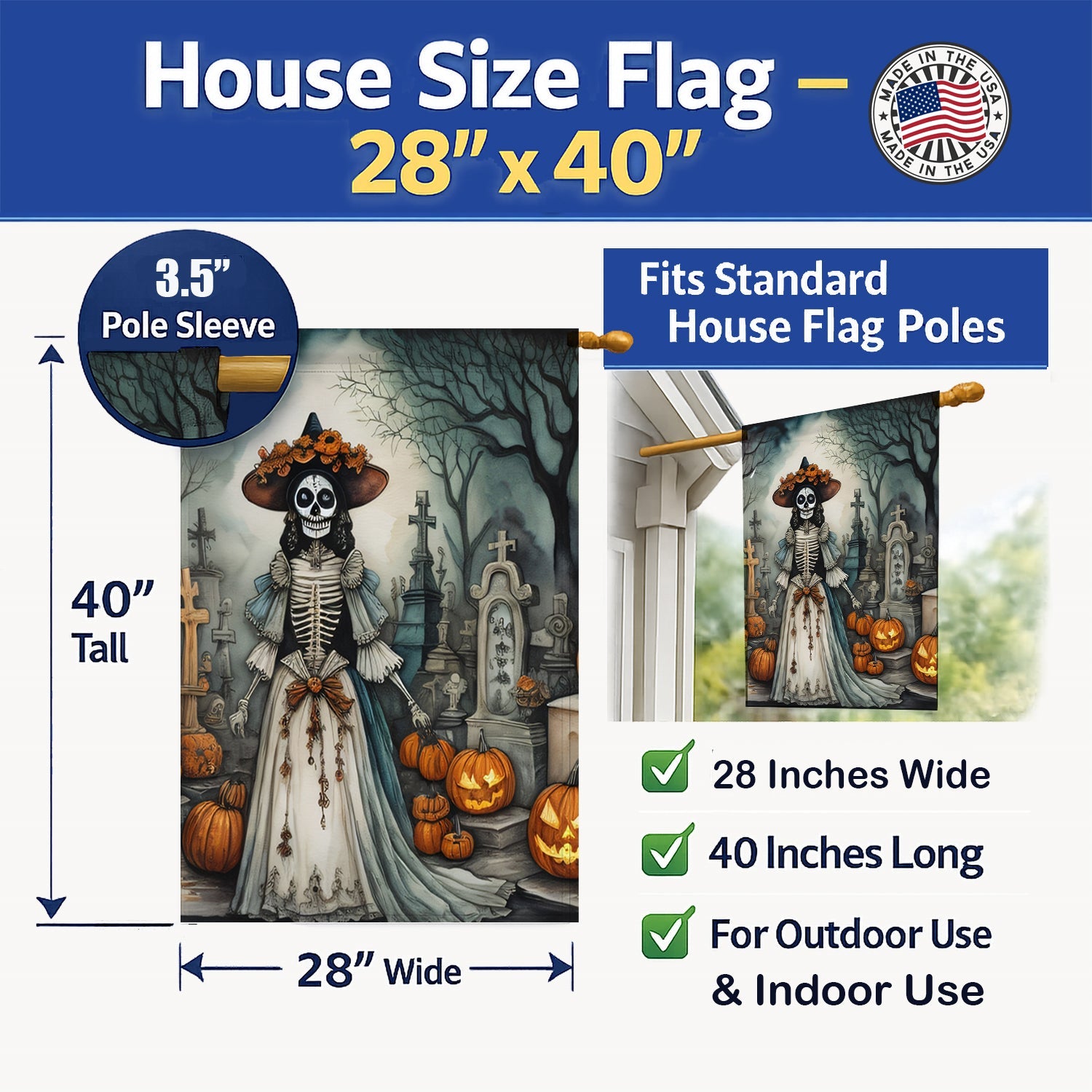 La Catrina Skeleton Spooky Halloween House Flag 28x40 Porch Sleeve Pole Decorative Outside Yard Banner Artwork Wall Hanging, Polyester