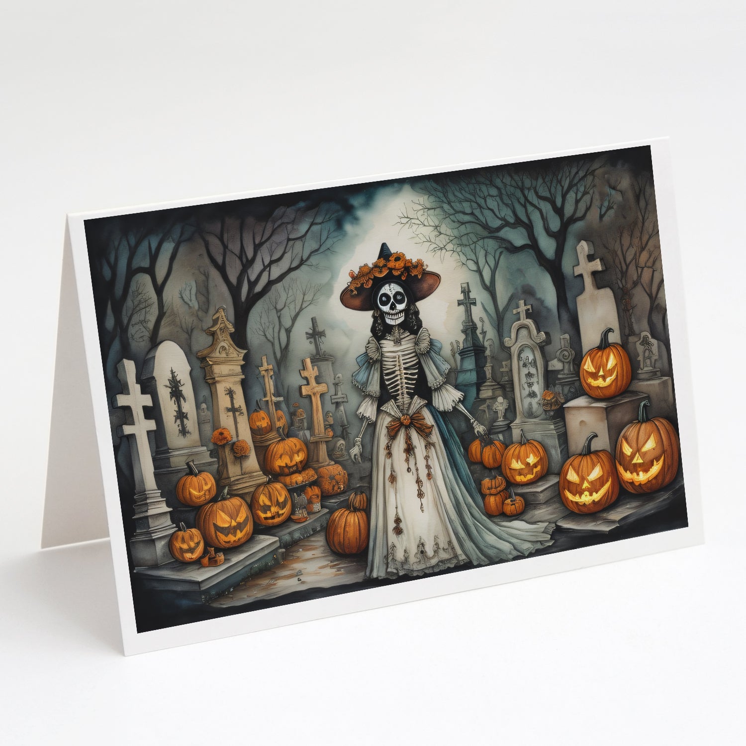 La Catrina Skeleton Spooky Halloween Greeting Cards Pack of 8 Blank Cards with Envelopes Whimsical A7 Size 5x7