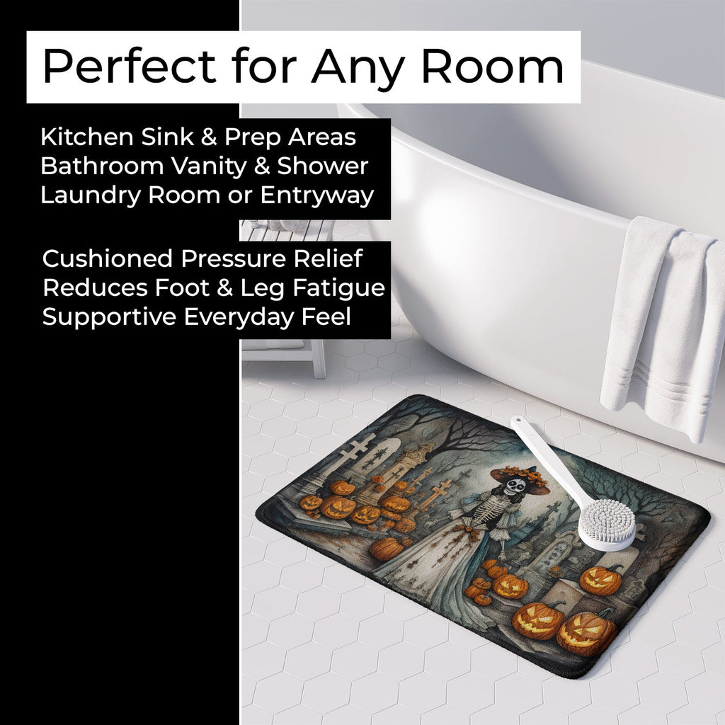 La Catrina Skeleton Spooky Halloween Memory Foam Kitchen Mat Machine Washable Anti-Fatigue Cushion Comfort Bath or Kitchen Rug
