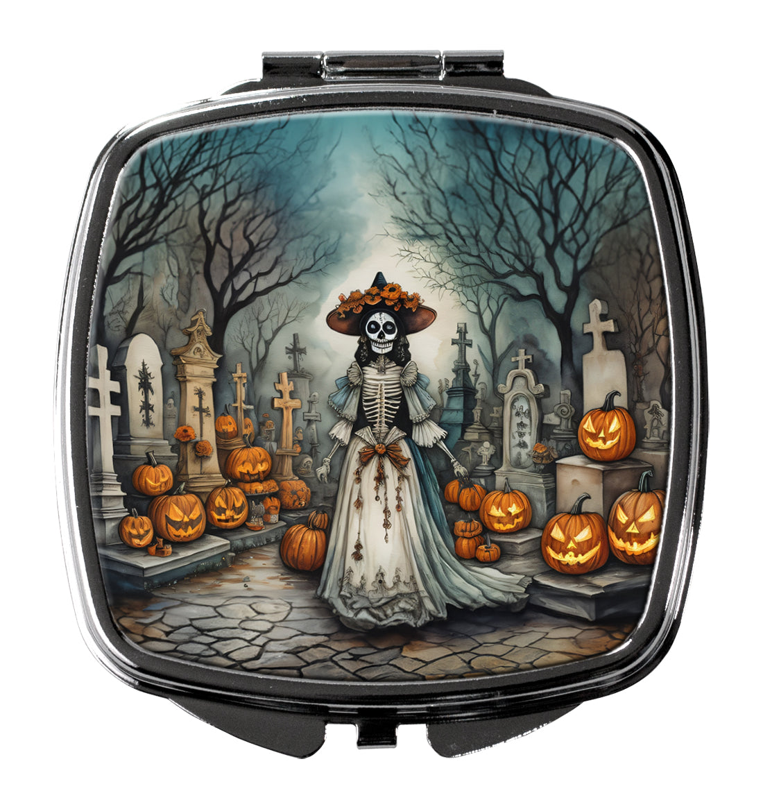 La Catrina Skeleton Spooky Halloween Compact Mirror Decorative Travel Makeup Mirror for Women Girls Gifts Pocket Makeup Mirror Folding Handheld