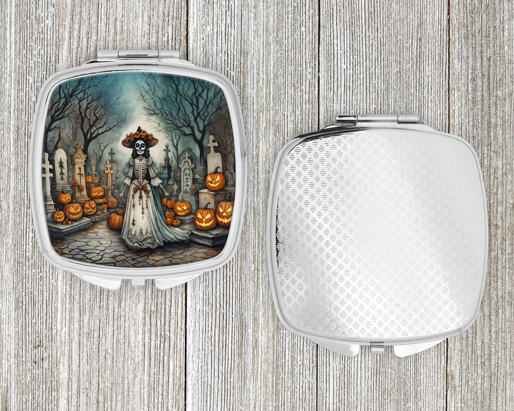 La Catrina Skeleton Spooky Halloween Compact Mirror Decorative Travel Makeup Mirror for Women Girls Gifts Pocket Makeup Mirror Folding Handheld