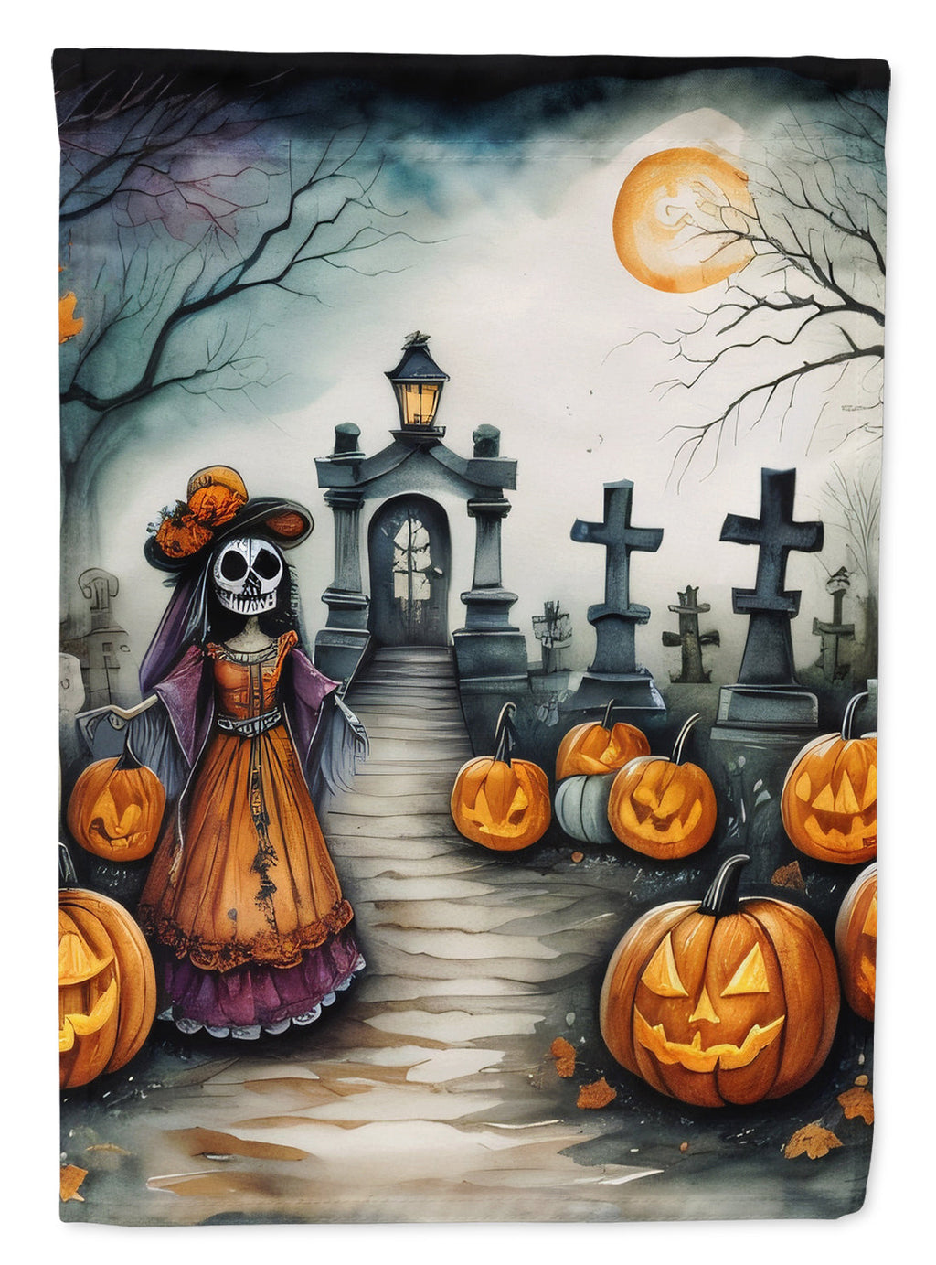 La Catrina Skeleton Spooky Halloween House Flag 28x40 Porch Sleeve Pole Decorative Outside Yard Banner Artwork Wall Hanging, Polyester