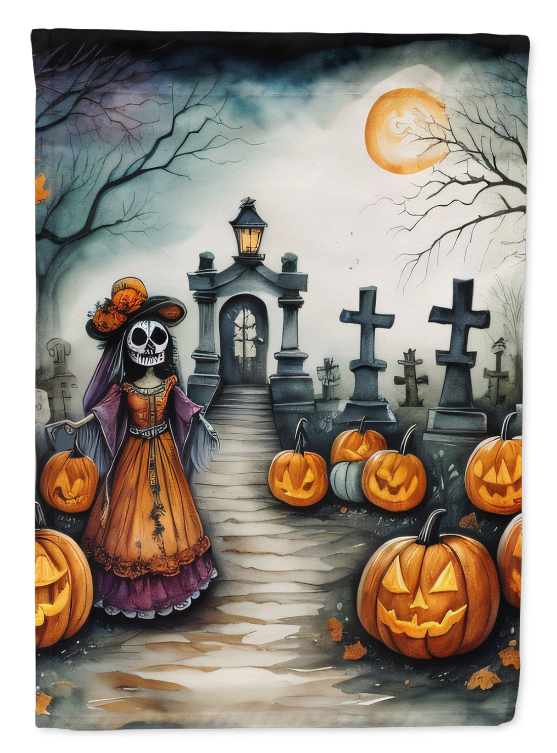 La Catrina Skeleton Spooky Halloween House Flag 28x40 Porch Sleeve Pole Decorative Outside Yard Banner Artwork Wall Hanging, Polyester
