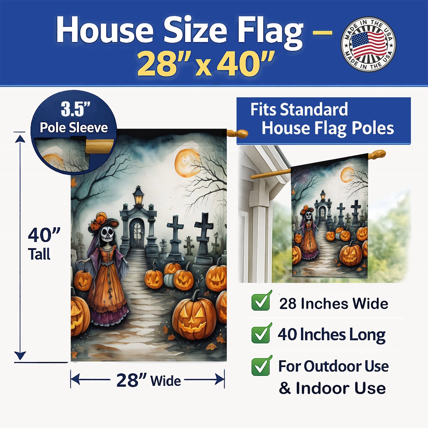 La Catrina Skeleton Spooky Halloween House Flag 28x40 Porch Sleeve Pole Decorative Outside Yard Banner Artwork Wall Hanging, Polyester