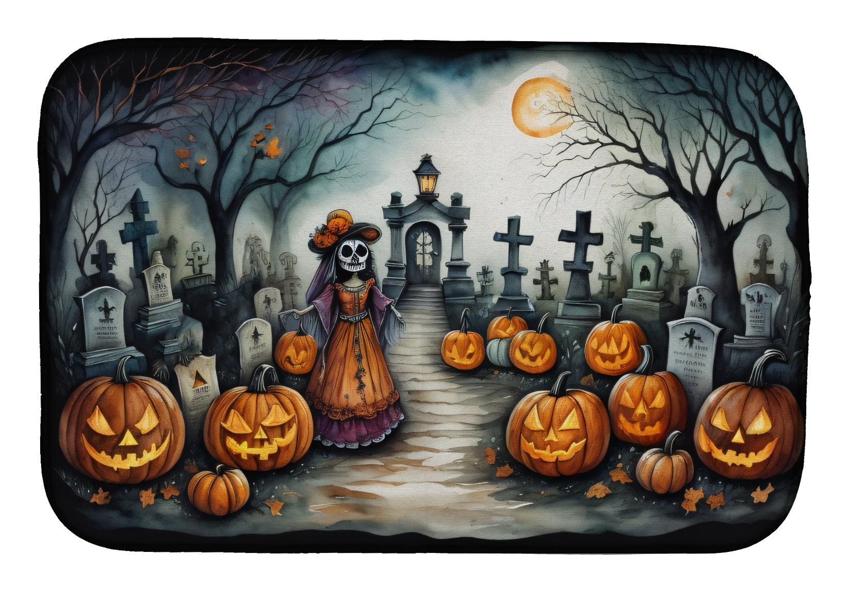 La Catrina Skeleton Spooky Halloween Dish Drying Mat Absorbent Dish Drying Mat Pad for Kitchen Counter Dish Drainer Mat for Countertop, 14 x 21", Multicolor