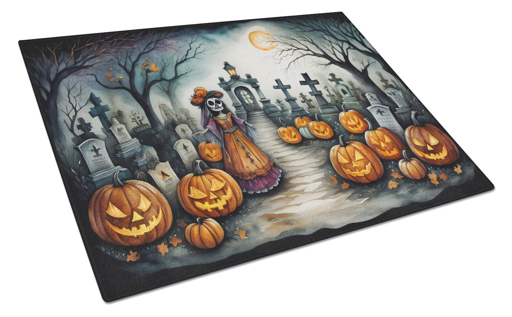 La Catrina Skeleton Spooky Halloween Cutting Board Tempered Glass Kitchen Cutting Surface, Heat Resistant Chopping, Non-Slip Feet, Food Prep & Serving