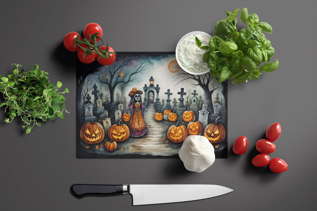 La Catrina Skeleton Spooky Halloween Cutting Board Tempered Glass Kitchen Cutting Surface, Heat Resistant Chopping, Non-Slip Feet, Food Prep & Serving