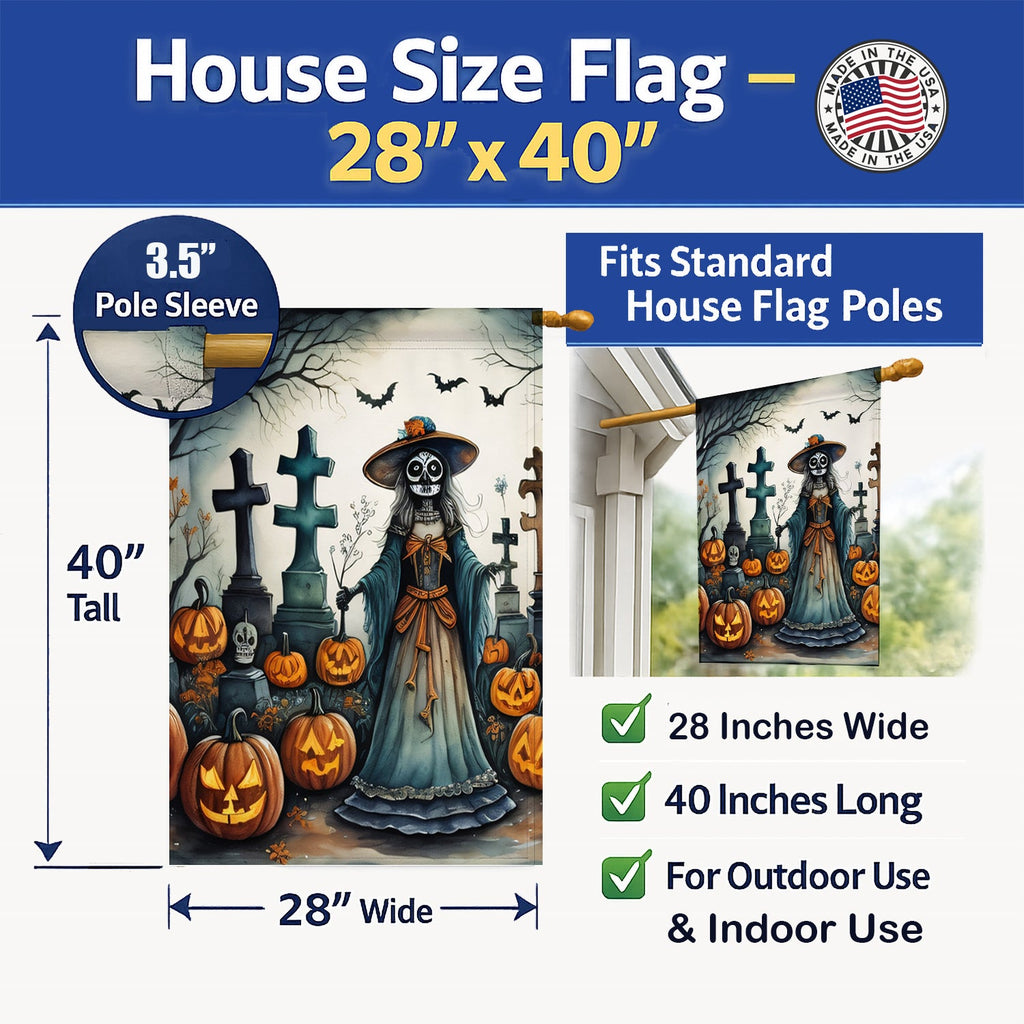 La Catrina Skeleton Spooky Halloween House Flag 28x40 Porch Sleeve Pole Decorative Outside Yard Banner Artwork Wall Hanging, Polyester