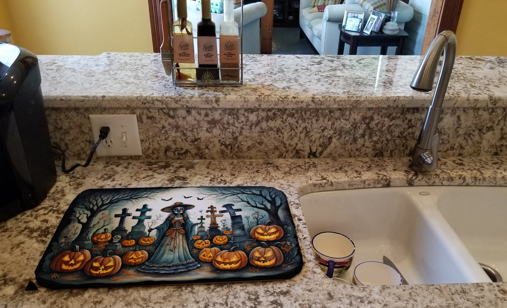 La Catrina Skeleton Spooky Halloween Dish Drying Mat Absorbent Dish Drying Mat Pad for Kitchen Counter Dish Drainer Mat for Countertop, 14 x 21", Multicolor
