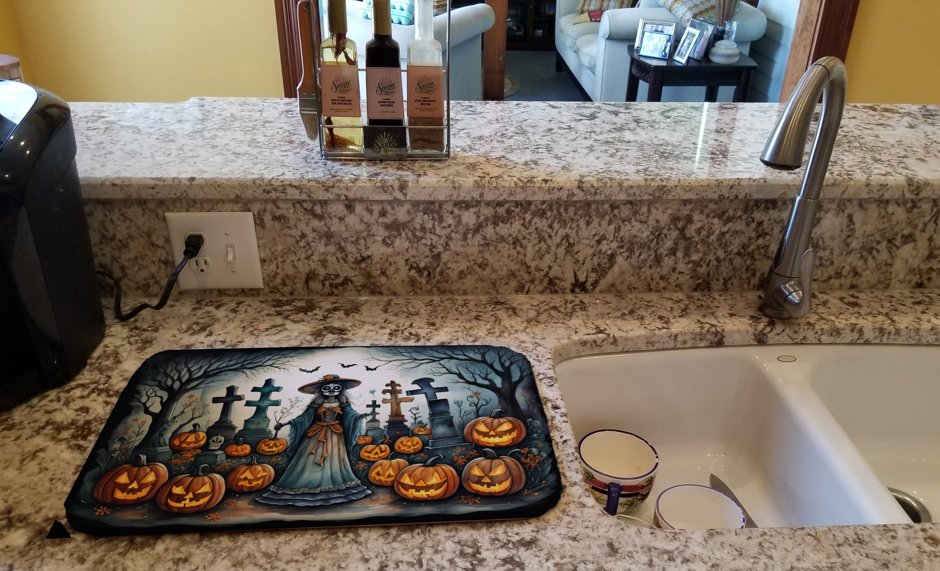 La Catrina Skeleton Spooky Halloween Dish Drying Mat Absorbent Dish Drying Mat Pad for Kitchen Counter Dish Drainer Mat for Countertop, 14 x 21", Multicolor
