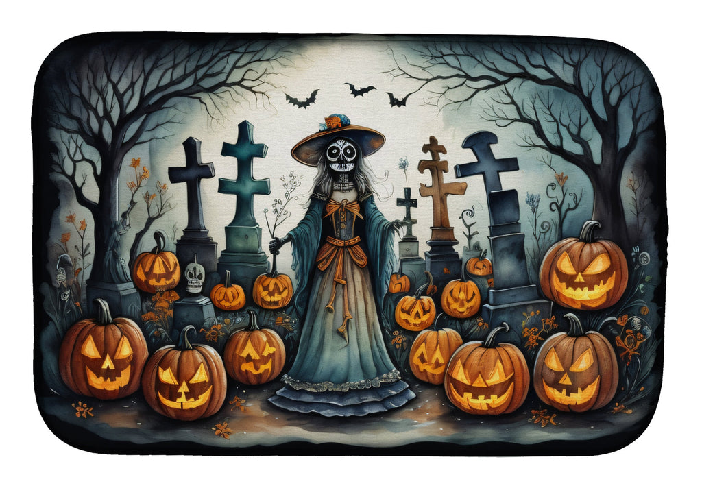 La Catrina Skeleton Spooky Halloween Dish Drying Mat Absorbent Dish Drying Mat Pad for Kitchen Counter Dish Drainer Mat for Countertop, 14 x 21", Multicolor