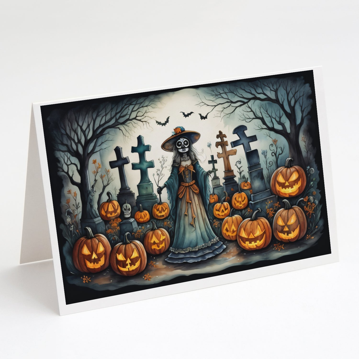 La Catrina Skeleton Spooky Halloween Greeting Cards Pack of 8 Blank Cards with Envelopes Whimsical A7 Size 5x7
