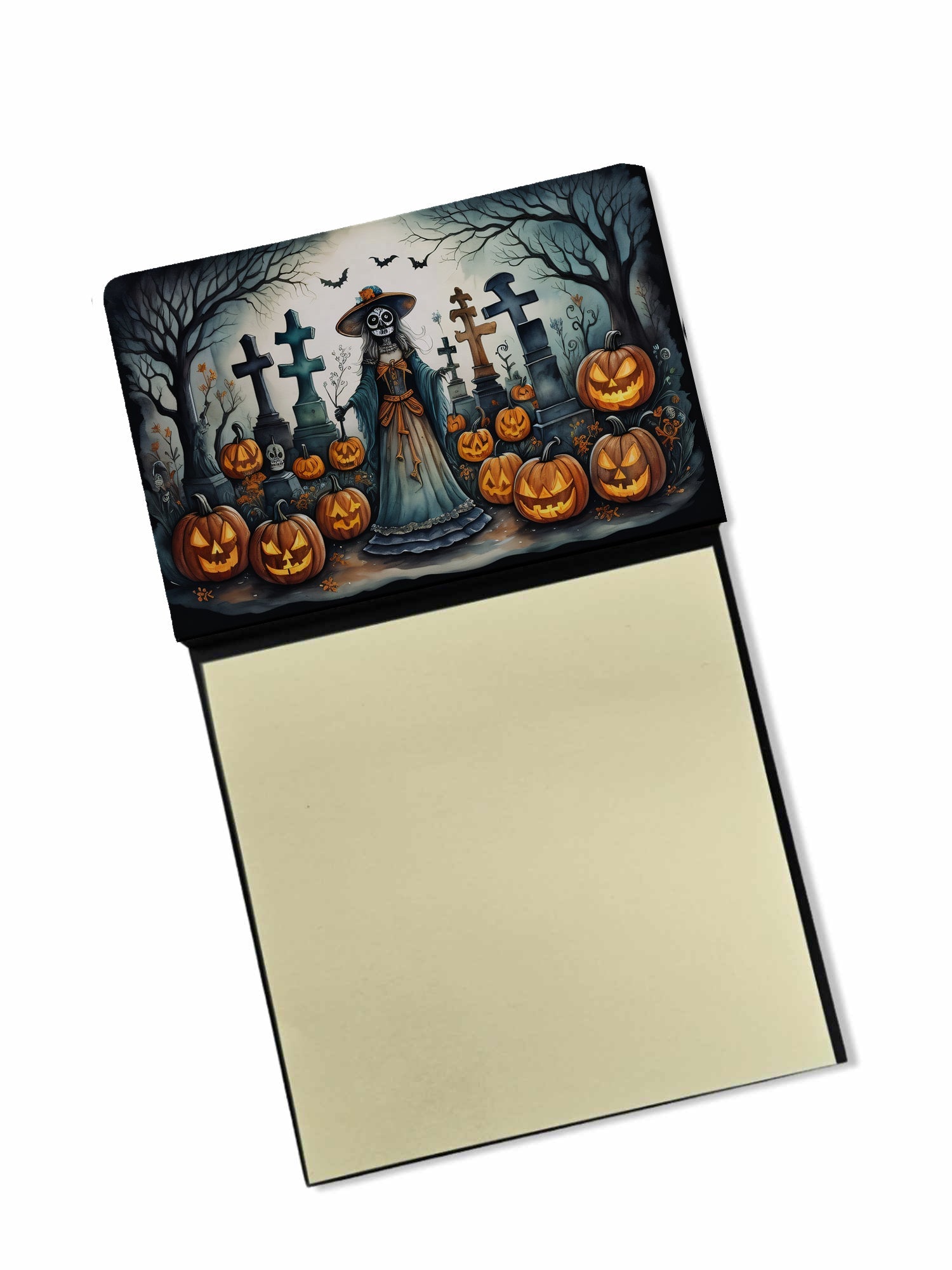 La Catrina Skeleton Spooky Halloween Watercolor Sticky Note Holder Refillable Dispenser Desk Accessory 3x3 Pad Gift