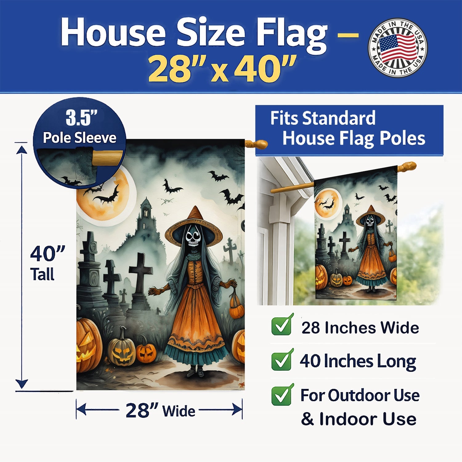 La Llorona Skeleton Spooky Halloween House Flag 28x40 Porch Sleeve Pole Decorative Outside Yard Banner Artwork Wall Hanging, Polyester