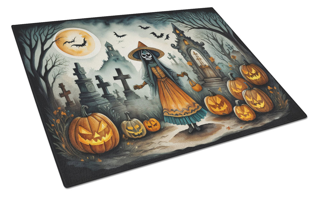 La Llorona Skeleton Spooky Halloween Cutting Board Tempered Glass Kitchen Cutting Surface, Heat Resistant Chopping, Non-Slip Feet, Food Prep & Serving