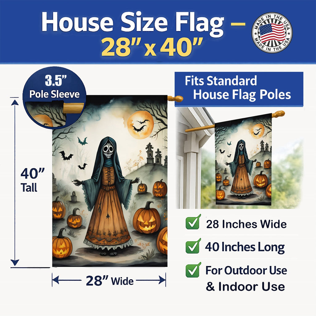 La Llorona Skeleton Spooky Halloween House Flag 28x40 Porch Sleeve Pole Decorative Outside Yard Banner Artwork Wall Hanging, Polyester