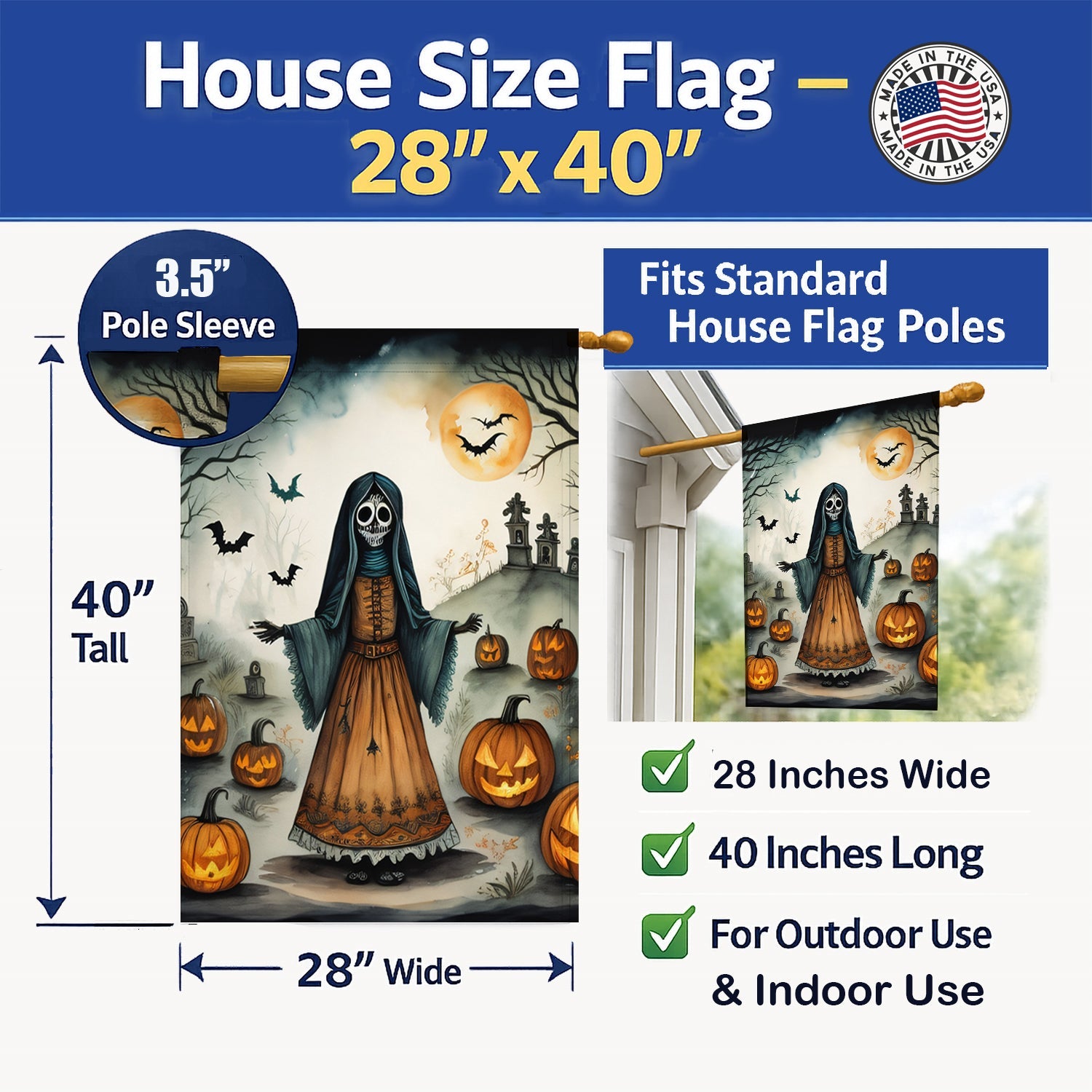 La Llorona Skeleton Spooky Halloween House Flag 28x40 Porch Sleeve Pole Decorative Outside Yard Banner Artwork Wall Hanging, Polyester