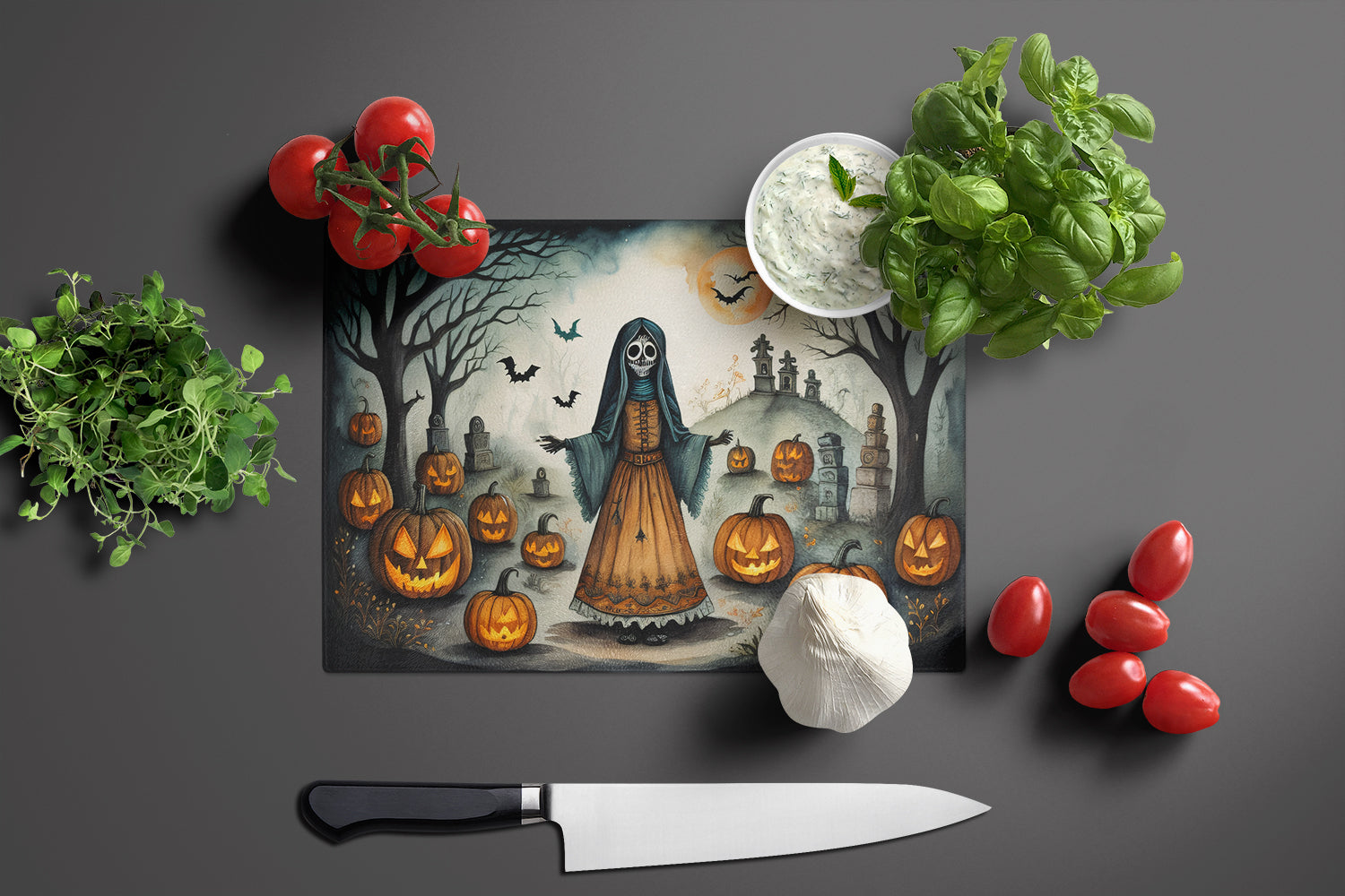 La Llorona Skeleton Spooky Halloween Cutting Board Tempered Glass Kitchen Cutting Surface, Heat Resistant Chopping, Non-Slip Feet, Food Prep & Serving