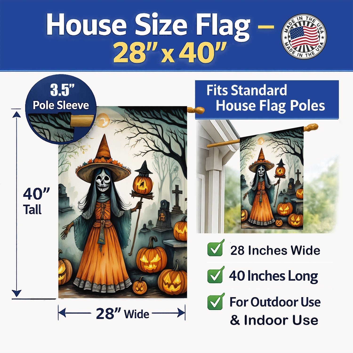 La Llorona Skeleton Spooky Halloween House Flag 28x40 Porch Sleeve Pole Decorative Outside Yard Banner Artwork Wall Hanging, Polyester