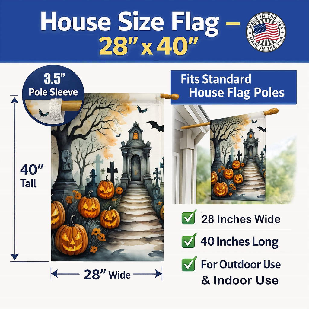 Marigold Spooky Halloween House Flag 28x40 Porch Sleeve Pole Decorative Outside Yard Banner Artwork Wall Hanging, Polyester