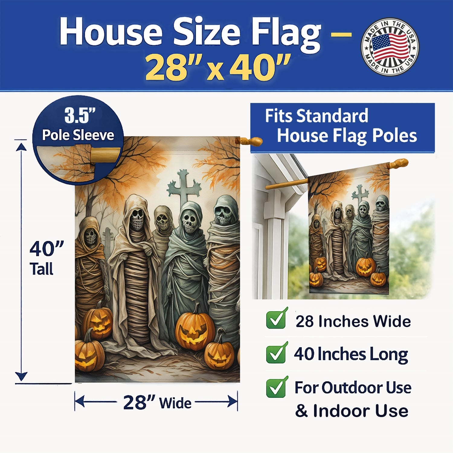 Mummies Spooky Halloween House Flag 28x40 Porch Sleeve Pole Decorative Outside Yard Banner Artwork Wall Hanging, Polyester