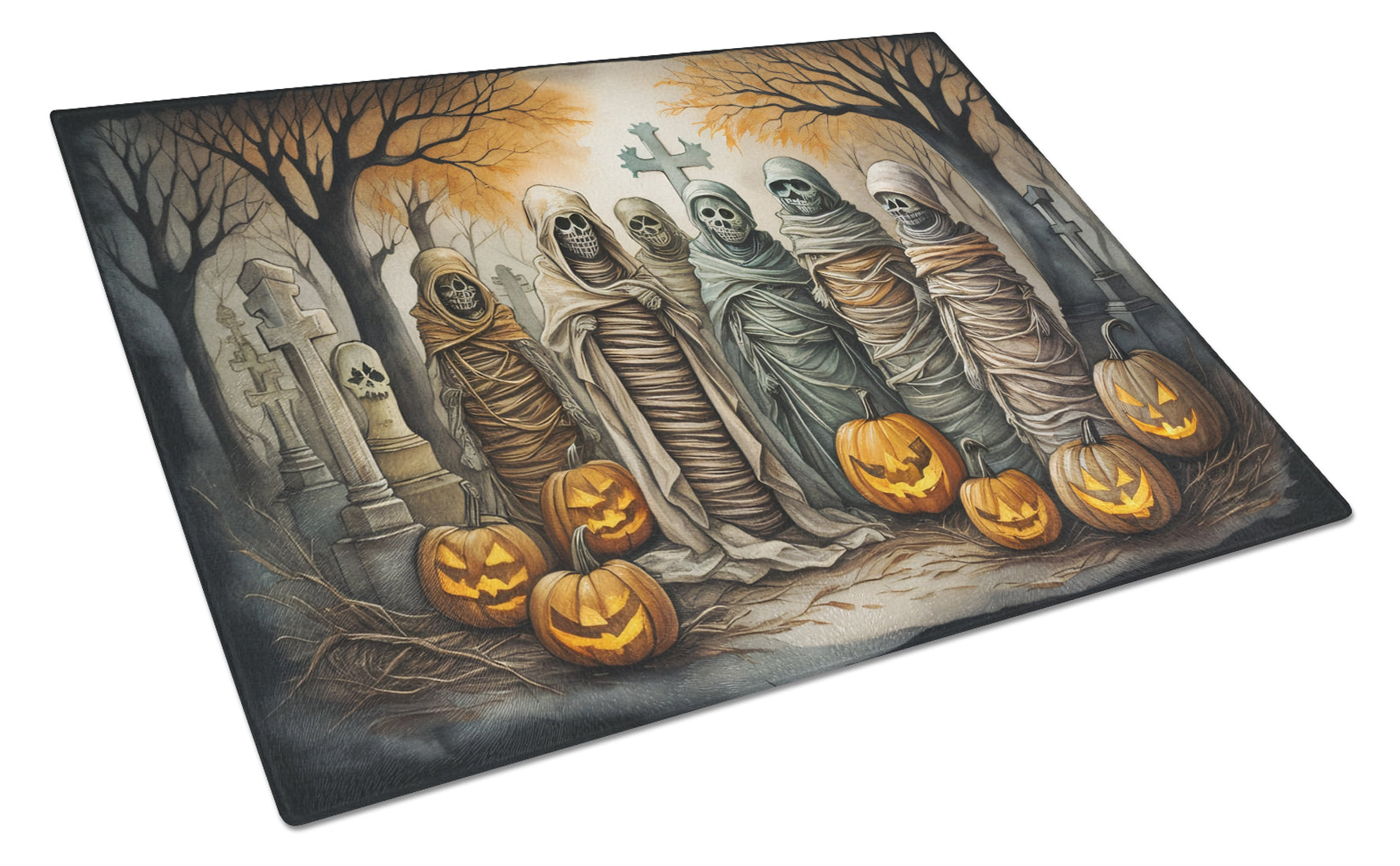 Mummies Spooky Halloween Cutting Board Tempered Glass Kitchen Cutting Surface, Heat Resistant Chopping, Non-Slip Feet, Food Prep & Serving