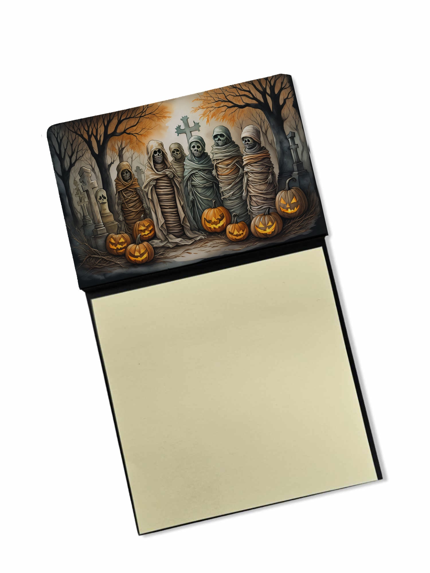 Mummies Spooky Halloween Watercolor Sticky Note Holder Refillable Dispenser Desk Accessory 3x3 Pad Gift
