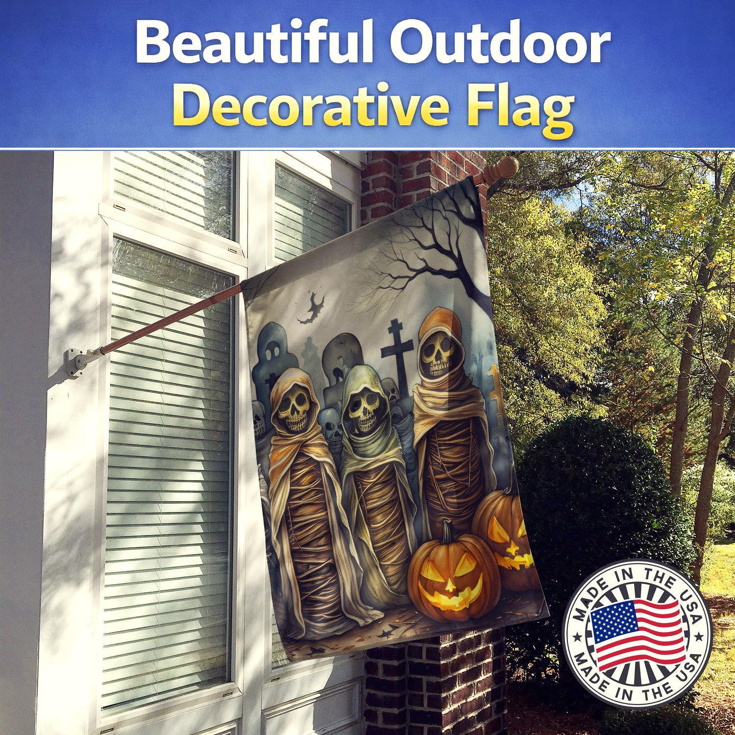 Mummies Spooky Halloween House Flag 28x40 Porch Sleeve Pole Decorative Outside Yard Banner Artwork Wall Hanging, Polyester