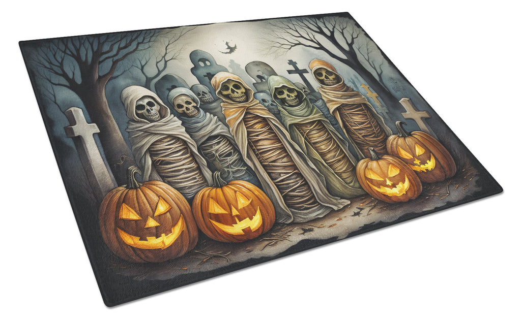 Mummies Spooky Halloween Cutting Board Tempered Glass Kitchen Cutting Surface, Heat Resistant Chopping, Non-Slip Feet, Food Prep & Serving