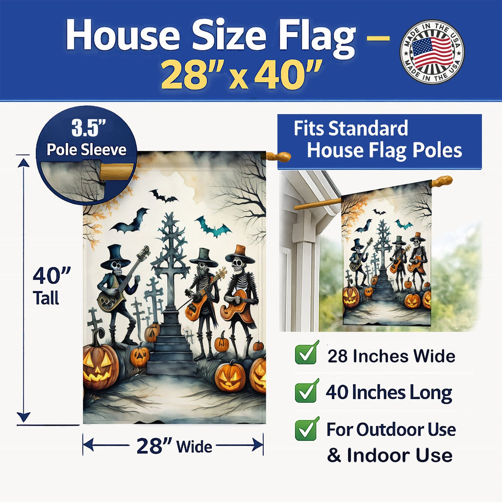 Mariachi Skeleton Band Spooky Halloween House Flag 28x40 Porch Sleeve Pole Decorative Outside Yard Banner Artwork Wall Hanging, Polyester