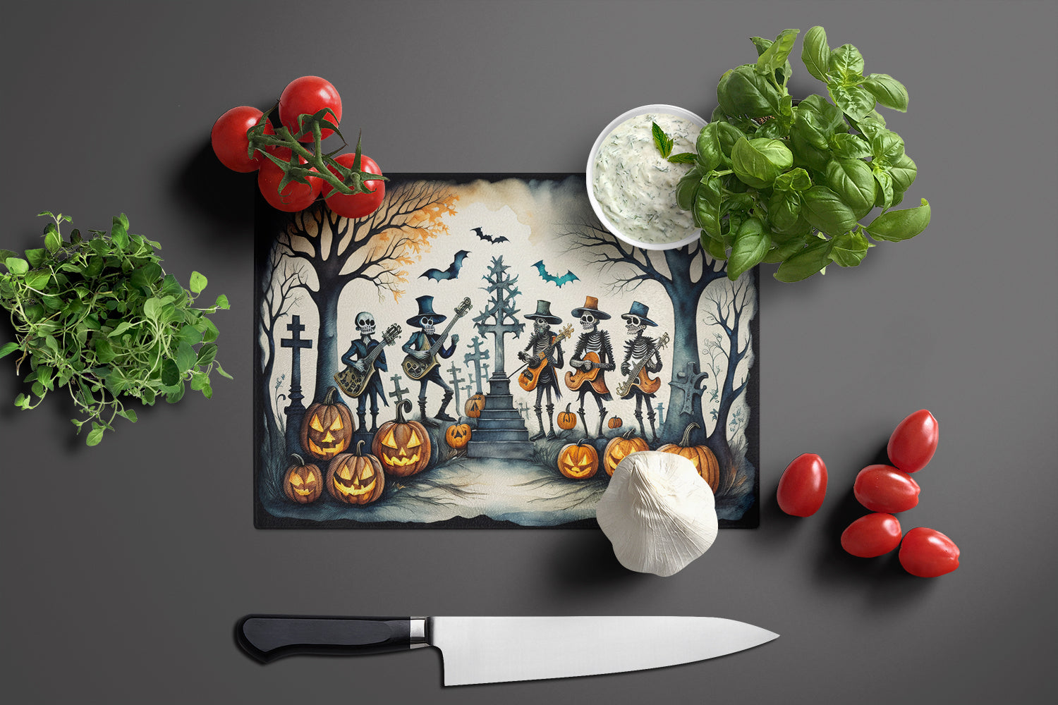 Mariachi Skeleton Band Spooky Halloween Cutting Board Tempered Glass Kitchen Cutting Surface, Heat Resistant Chopping, Non-Slip Feet, Food Prep & Serving