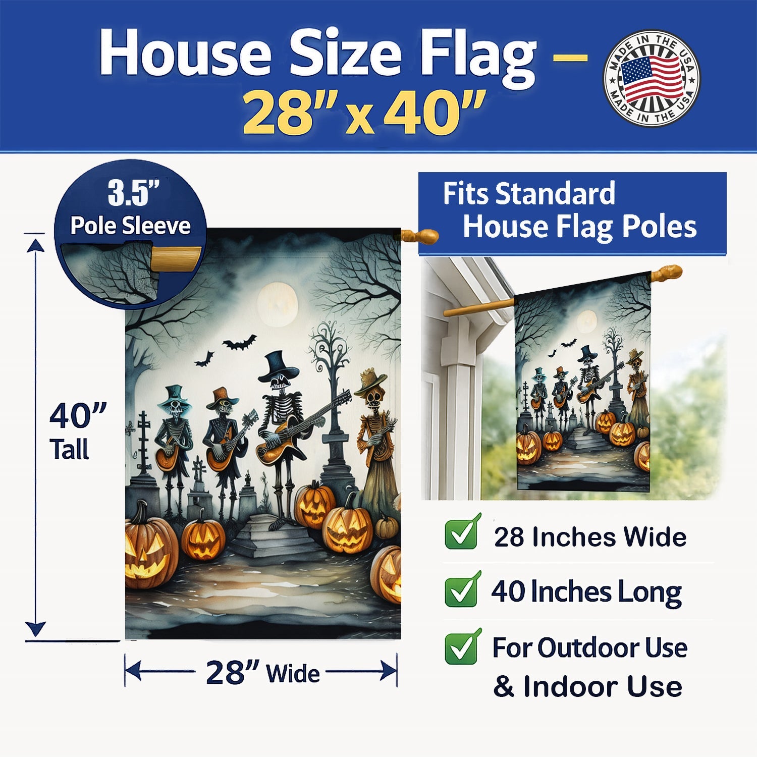 Mariachi Skeleton Band Spooky Halloween House Flag 28x40 Porch Sleeve Pole Decorative Outside Yard Banner Artwork Wall Hanging, Polyester