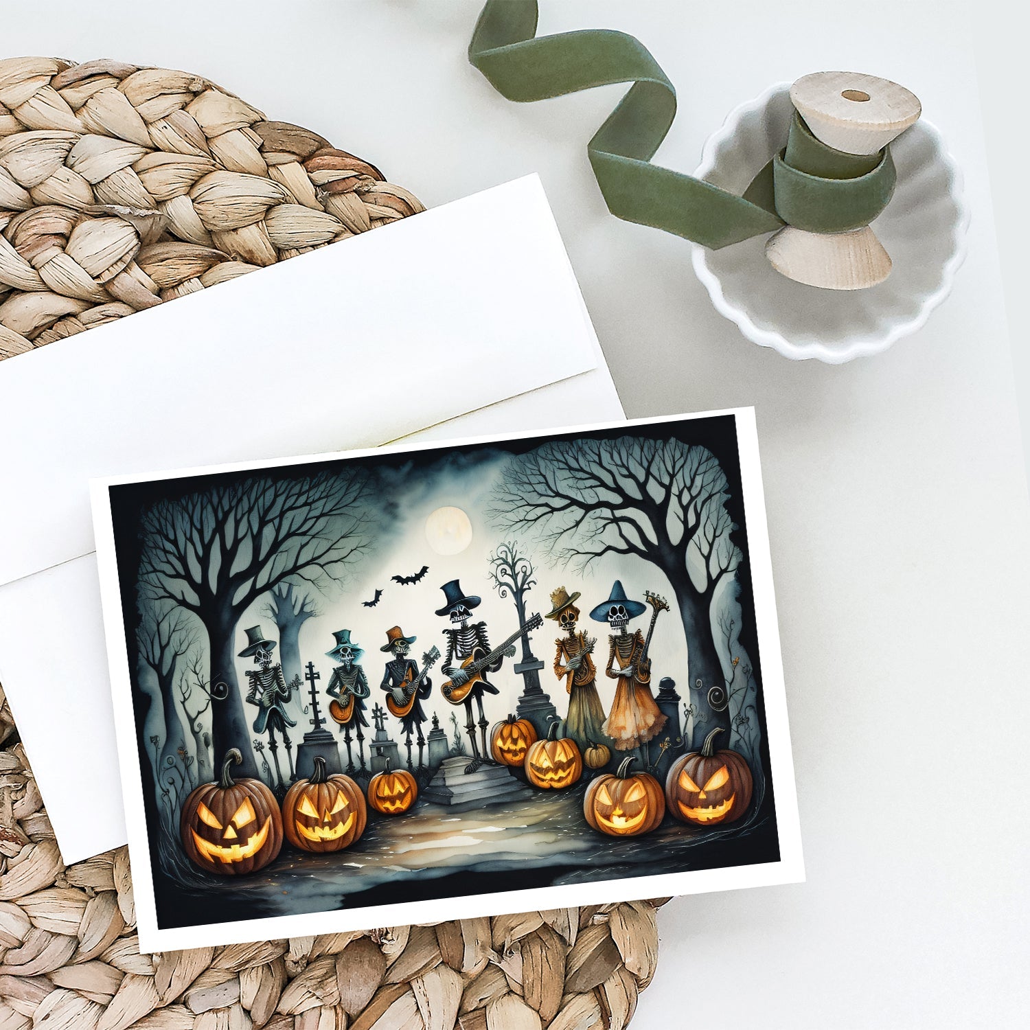Mariachi Skeleton Band Spooky Halloween Greeting Cards Pack of 8 Blank Cards with Envelopes Whimsical A7 Size 5x7