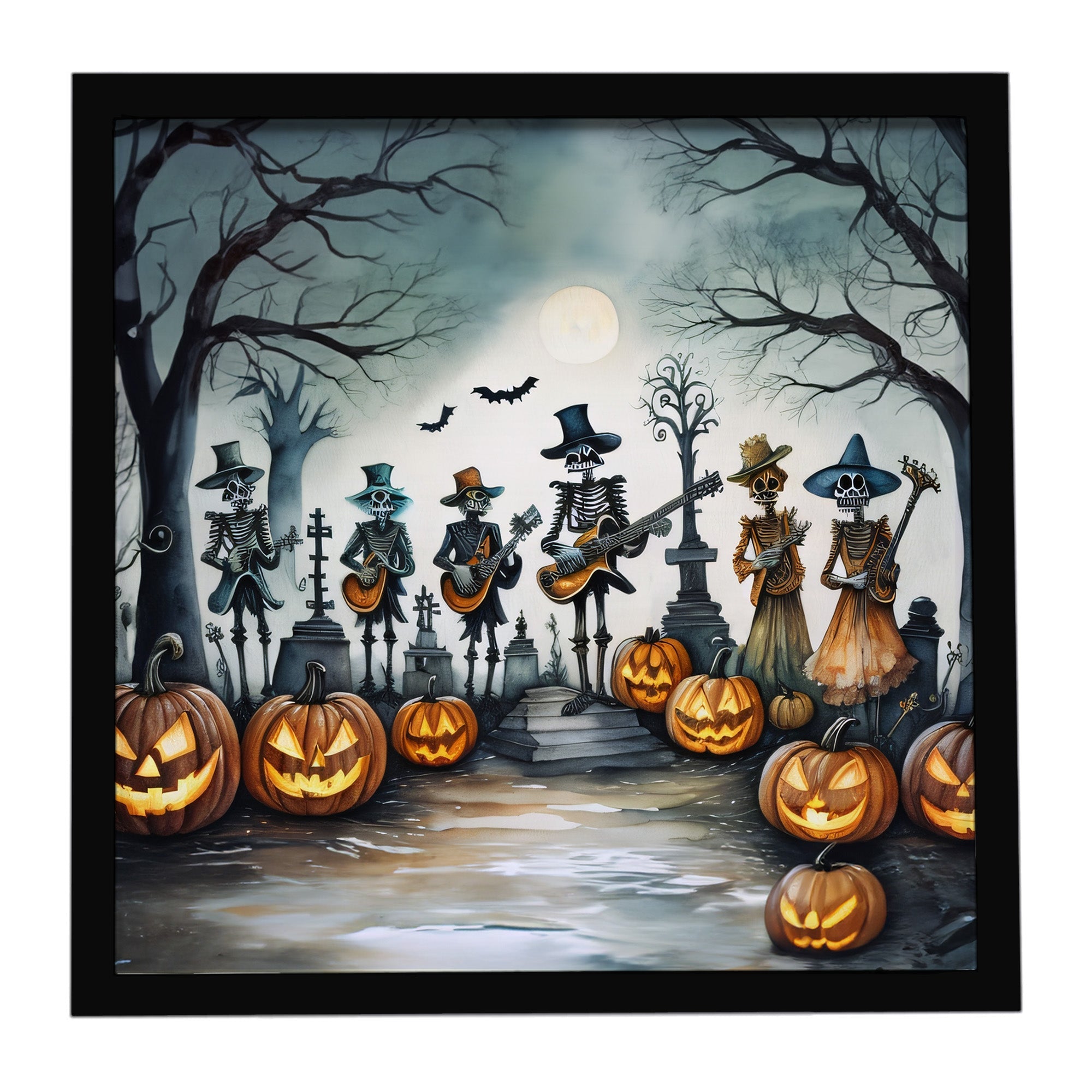 Mariachi Skeleton Band Spooky Halloween Framed Metal Print Bathroom, Kitchen, Office, Home Decor Wall Art Ready to Hang, Square, 8X8
