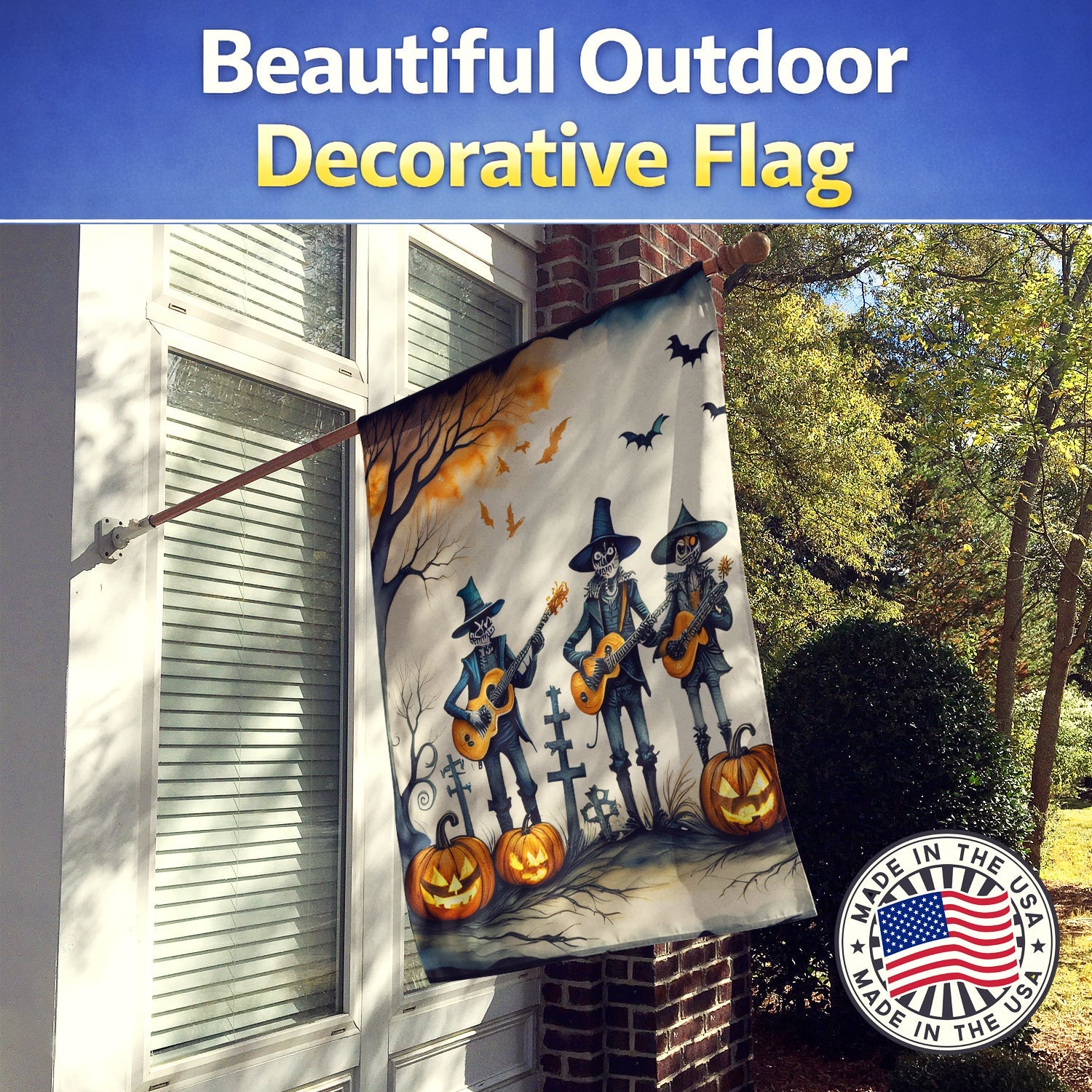 Mariachi Skeleton Band Spooky Halloween House Flag 28x40 Porch Sleeve Pole Decorative Outside Yard Banner Artwork Wall Hanging, Polyester